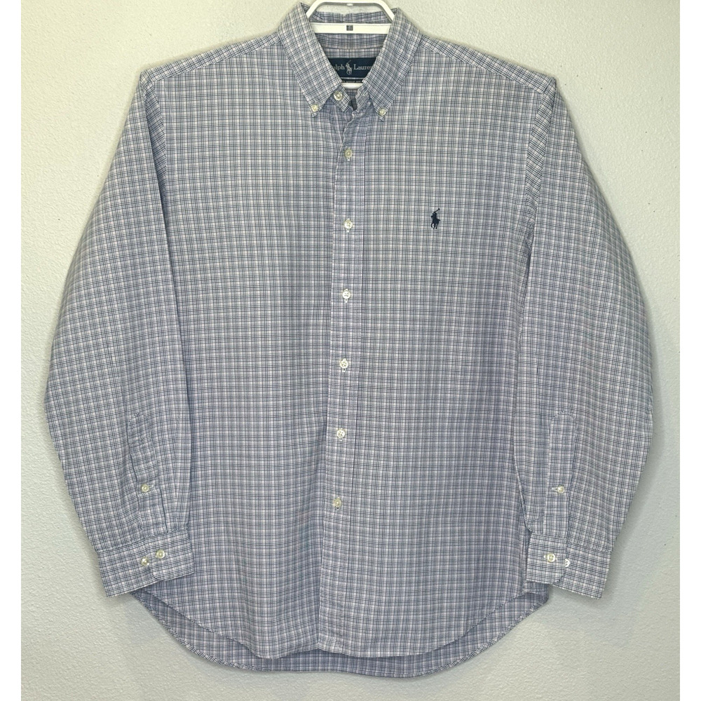 Ralph Lauren Classic Fit Button Down Shirt Mens Sz 16 1/2 - 34 Blue Plaid Cotton